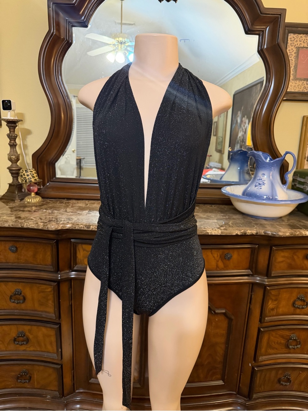 Women's Black Shimmer Halter Bodysuit with Waist Tie